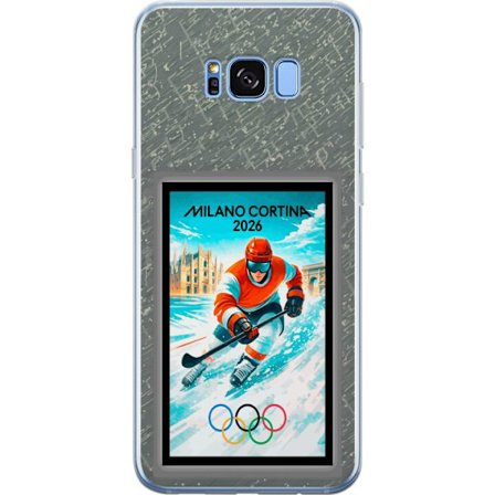 Yhteensopiva Puhelinkuori Samsung Galaxy S8+ Curlingkuvitus pelaajilla ja kivillä jäällä, Milano Cortina 2026, lumisia roiskeita ja olympiasormukset