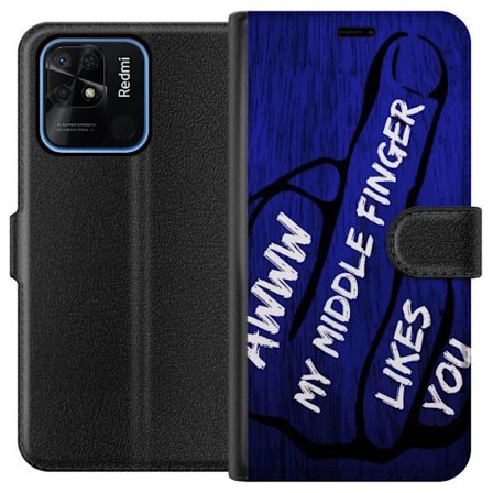 Kompatibelt Lommeboketui til Xiaomi Redmi 10C Mørk typografisk illustrasjon med hjerteform og budskap om vennskap mot dyp blå tretekstur