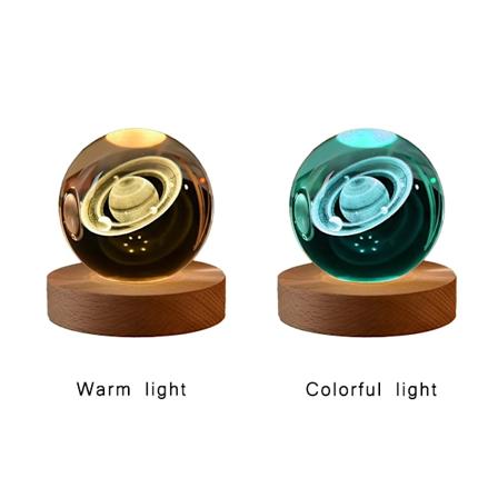6cm 3D Krystal Kugle Farverig Lys Varmt Lys Planet Natlampe Lasergravering Solsystem Jorden Galakse Tegneserie Mønster Gave Warm light Saturn