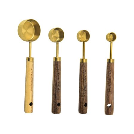 Målekopper og skjeer sett med 8, treskaft med metriske og amerikanske mål, premium rustfritt stål, gullpolert finish, tørre og flytende målinger