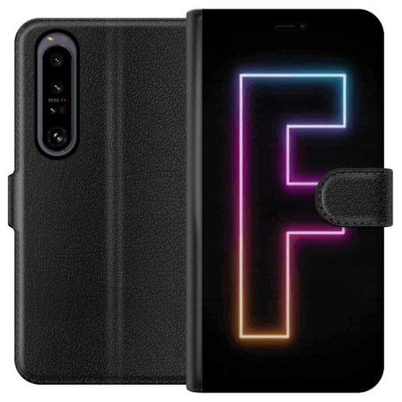 Kompatibelt Plånboksfodral till Sony Sony Xperia 1 IV Neonbokstav F i rosa, blå och gul ljuskanter mot en mörk bakgrund, grafisk bokstavsillustrati