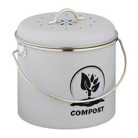 Relaxdays kompostbehållare, 2 aktivkolfilter, lock, handtag, 3,5 liter, för dina organiska avfall, grå