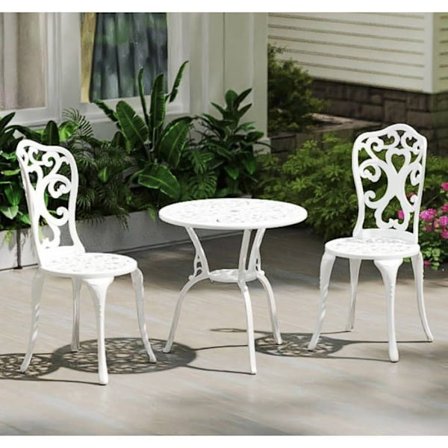 COSTWAY 3 kpl Alumiinista Valmistettu Puutarhapöytä ja Tuolit, 5 cm Aurinkovarjon Reikä, Sopii Pihaan Terassille Uima-altaalle, Valkoinen