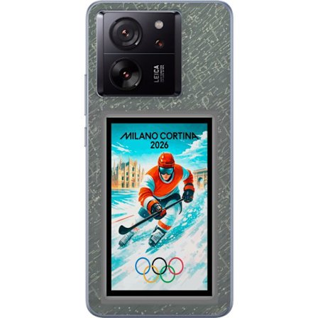 Yhteensopiva Puhelinkuori Xiaomi 13T Pro Curlingkuvitus pelaajilla ja kivillä jäällä, Milano Cortina 2026, lumisia roiskeita ja olympiasormukset