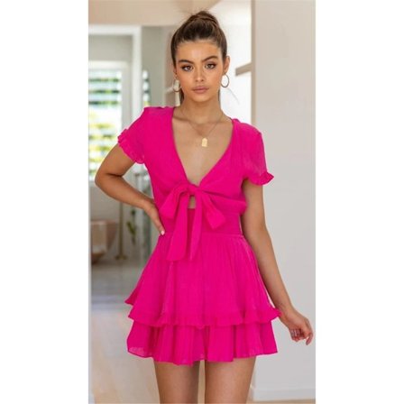 Kvinde Sommer Solid Farve Slips Kjole Binde foran V-hals Kortærmet Ruffle Lag A-Linje Kort Kjole ------ Rose Rød(Størrelse L)