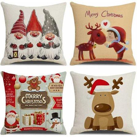 Juleputetrekk 45x45cm, 4-pak juledekorativ sofa i bomull og lin Juleputetrekk til sofa seng soverom stol hage-God jul