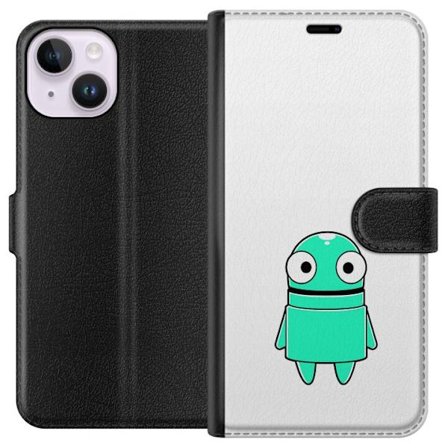 Kompatibelt Lommeboketui til Apple Apple iPhone 14 Turkise tegneseriefigur med store øyne og en lykkelig personlighet i enkel illustrasjon