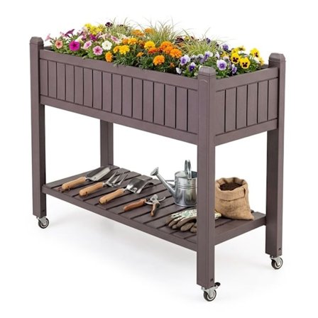 Højbed på hjul COSTWAY, Aftagelig skillevæg, Vandmonitor, Drænhul, Opbevaringshylde, Brun