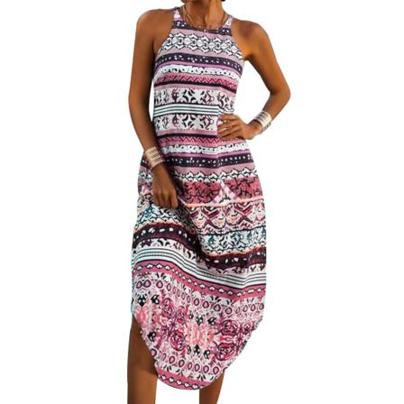 Sommar Kvinnor Solklänning Casual Print Boho Klänning O-neck Sle