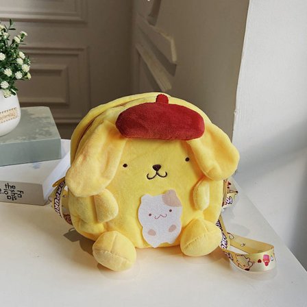 Mub- New Purin Dog Plush Single-shoulder Bag Anime Sanrio Series Zipper Strap Adjustable Girls Plush Crossbody Bag