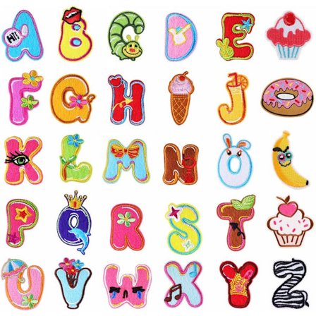 Sæt med 26 farverige stryge-på-lapper (bogstaver A til Z) til tøj