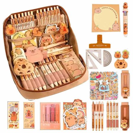 Söpö Capybara-aiheinen paperitarvikesetti, monikerroksiset lokerot koulutarvikkeiden järjestämiseen, sisältää geelitarroja ja pehmeäotteisia kyniä