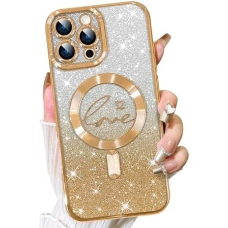 iPhone 16 Pro Max Deksel, Kompatibel med MagSafe Hjerter Platering Kamerabeskyttelse Transparent Telefondeksel, Magnetisk Glitter