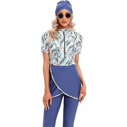 Kvinners Modest Badetøy Islamsk Muslimsk Badedrakt Kortskjorte Glidelås foran Topp Shorts Bukser Hijab 3stk Svømmedrakt S-4xl Xinmu -a