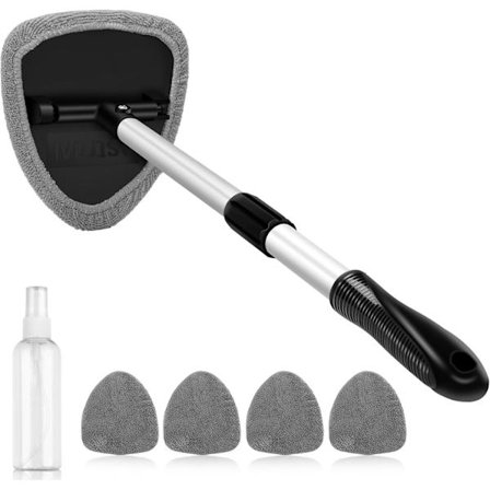 Vindusrengjøringsverktøy, detaljert rengjøringssett for bilinteriør med uttrekkbart håndtak og 4 gjenbrukbare mikrofiberputer, grå[gks]