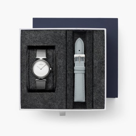Nordgreen - Skandinavisches Design Damenuhr in Silber - Unika - SET Poliertes Edelstahl Ziffernblatt Silber | Armbänder Mesh / Grau
