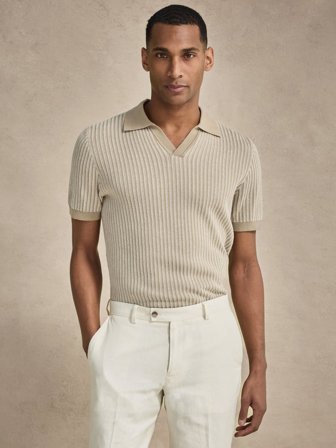 John Henric Men's Beiges gestreiftes Strickpolo Size XL