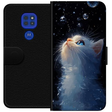 Yhteensopiva Lompakkokotelo Motorola Moto G9 Play Tähtikissan unelmakuvio valkoisella kissalla, joka tuijottaa tähtitaivasta, taianomainen unelma ja