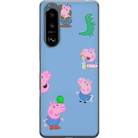 Kompatibel Mobilcover til Sony Xperia 5 III Peppa Pig ansigtsmønster på lyseblå baggrund, gentaget legende børne motiv med Greta Gris