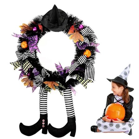 Halloweenkrans, Halloween dekoration trädgårdshäxa, 2023 häxben, dekorativ krans för ytterdörr, häxkrans för upphängning, välkomstkrans, Hall