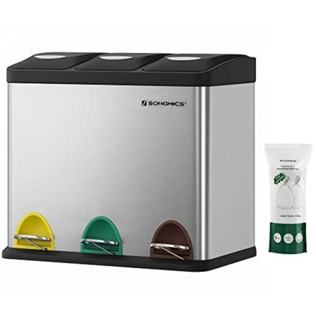 SONGMICS kierrätysastia, 3-in-1 poljinkori, 24 litran metallinen roskakori, teräs, hopea