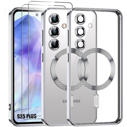 Coque til Samsung Galaxy S25 Plus - med magnetisk cirkel - sølv + 2 hærdede glas - BOOLING