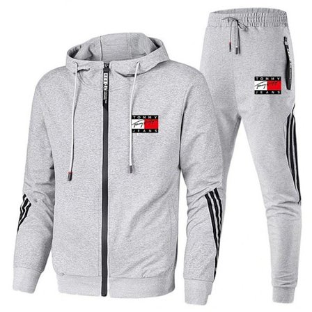 Herre TomyJeans Sport Hoodie Tracksuit Sæt Langærmet Fuld Lynlås Hoodie Sweatshirt Jakke + Joggingbukser Sweatpants Outfit Lommer Lysegrå qd