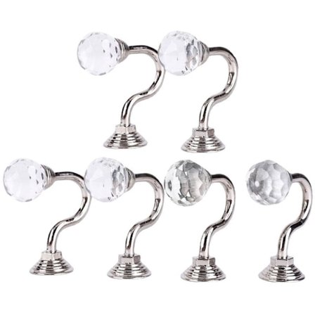 6 stk sølv runde hode krystall glass gardin krok montert tilbaketrekningskroker hengerholder med skruer