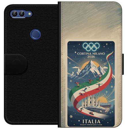 Yhteensopiva Lompakkokotelo Huawei P smart Mäkihyppykuvitus, jossa hiihtäjä tähtää kiväärillä lumisella radalla, teksti Milano Cortina 2026 ja olympia