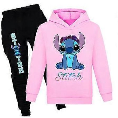 Lilo og Stitch Hettegenser Sett til Barn, Langermet Treningsdress, Genser Topper Bukser Antrekk Gutter Jenter -NMAOV(9-10 År Rosa)