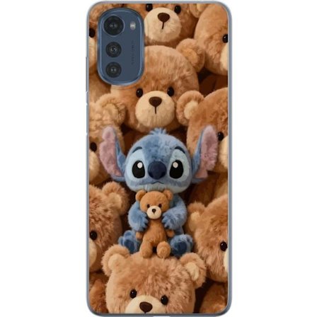 Kompatibel Mobilcover til Motorola Moto E32s Stitch omgivet af brune teddybjørne med en lille teddybjørn i armene i en sød og hyggelig kawaii-design