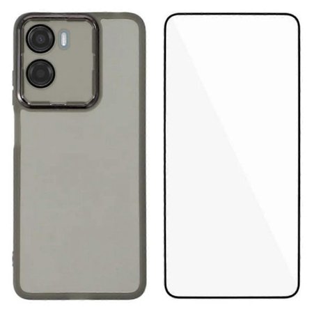 Motorola Moto G05 4G TPU -puhelinkotelo WANLONFENG DKSM -sarjan galvanoidulla kehyksellä ja karkaistulla lasikalvolla (musta, musta)