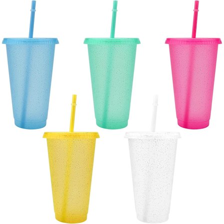 Gjenbrukbare plastkopper, sett med 5, fargerike akrylkrus med lokk og sugerør, stor pakke med kaldtvannskopper[D]