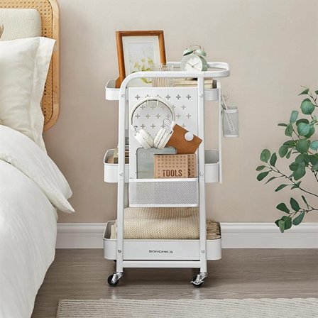 Serveringsvogn med Hjul og Kurver – Hvit Stålvogn med Avtakbare Hyller og Bremser