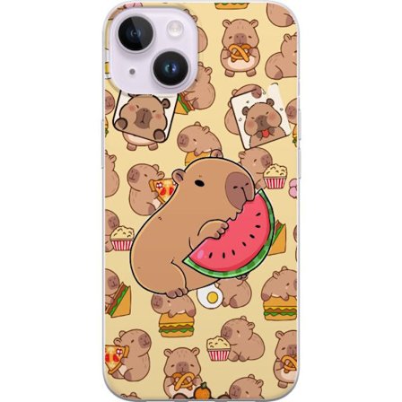 Kompatibelt Mobilskal till Apple Apple iPhone 15 Söt capybaror njuter av vattenmelon pizza och popcorn i en varm och lekfull design som sprider gläd