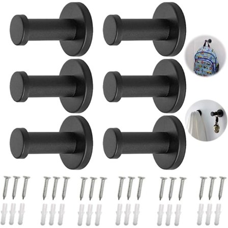 Ruostumattomasta teräksestä valmistettu pyöreä naulakko, 6 kpl mustia naulakoita, harjattu