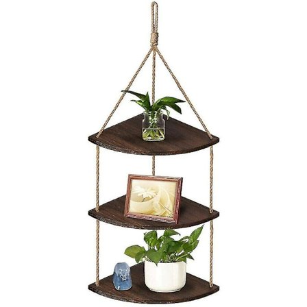Hengende hjørnehyller 3-trinns tre rustikk tau arrangør