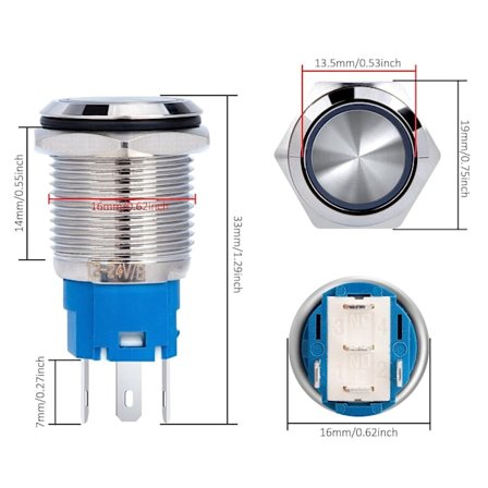 Momentant trykknapp 16mm DC 12V/24V 3A Vanntett Krom Messing Brytere med LED Lys Blå Ring 5 stk