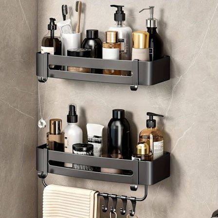 2 stk. Veggmontert Baderomshylle, Dusjhylle med Håndklestang og Kroker