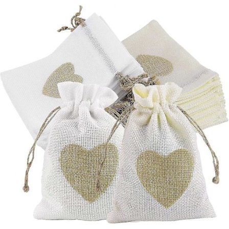 Små Hjärtpresentpåsar 2 Färger Jute Säckväv Väskor Smycken Godis Påsar 20st