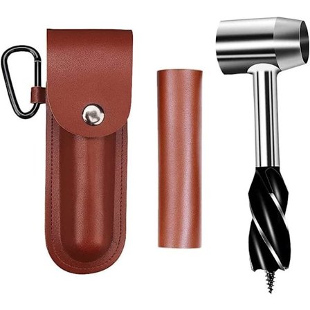 Bushcraft Hand Drill Stål Träbearbetning Manuell Borr Verktyg med Läderhölster Väska Auger Skiftnyckel för Bushcrafter Brun