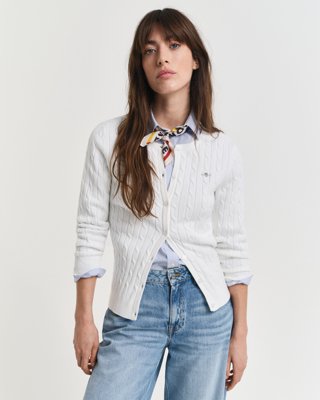GANT - Bomullskabelstrikket cardigan med stretch til dame eggshell