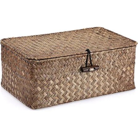 Opbevaringskurv af søgræs med låg, vævet skrivebordskurv af søgræs, rektangulær opbevaringsboks til badeværelse, hylder og skrivebord 26x16x10.5cm