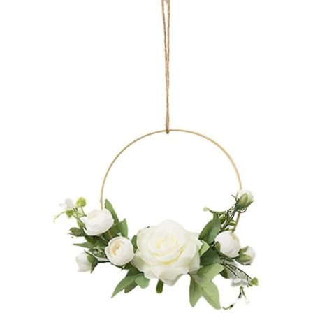 Gyllene blomsterkransar att hänga på väggen, konstgjord blomma, rund ram, rosa rosgirlang (vit)