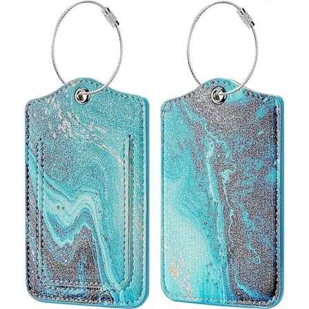 2 st Bagageetiketter med Namn ID-kort och Rostfri Stålögla, Slitstarka Bagageetiketter i Läder -2Sand/B