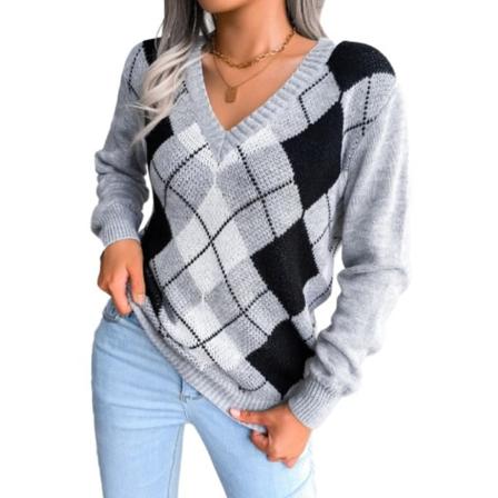 Damtröja med V-ringad tröja Höst och vinter Mode College Style Diamond Casual tröja Lösa toppar för kvinnor grey M