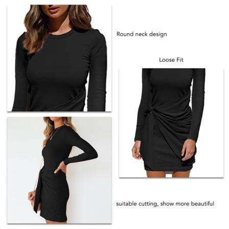 Langærmet kjole Slim Fit Rund Hals Kort Kjole Bodycon Belted Slim Fit Høj Talje til kvinder Kvinde Pige Sort XXL