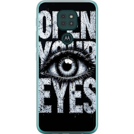 Kompatibel Mobilcover til Motorola Motorola Moto G9 Play Mørk typografisk illustration med øje og teksten Åbn dine øjne, stærk kontrast og rå ku