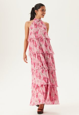 BUBBLEROOM - Pleated Flounce Maxi Dress - Pink/Floral