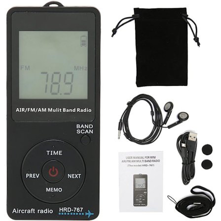 Mini Air Band Radio med inbyggt 400mah litiumbatteri, AM Air FM Radio med hörlurar, orange bakgrundsbelyst LCD-skärm, stöd för automatisk lagring och 